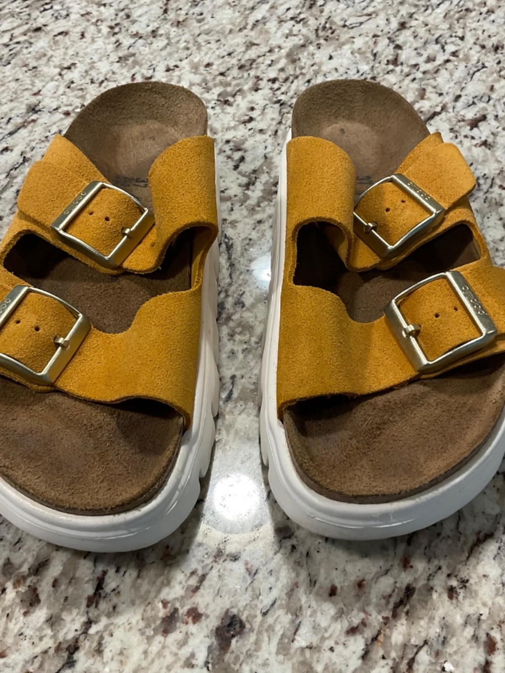 Papillio by Birkenstock Platform Slide Sandals — Mustard Suede — Size 37 - Picture 8 of 9